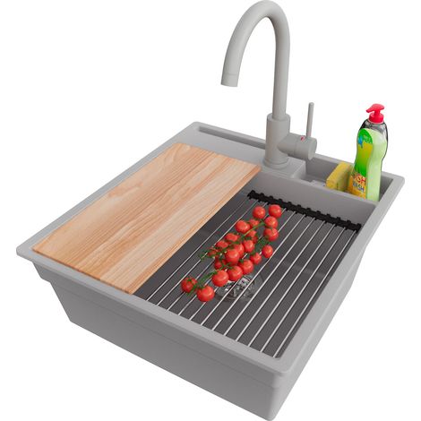 PRIMAGRAN Evier Cuisine en Granit 48x53cm,Lavabo 1 bac + Robinet 32x20cm + Kit de Vidage + Accessoires, Évier à Encastrer au meuble 50cm - Oslo Pocket, Gris (1/5)