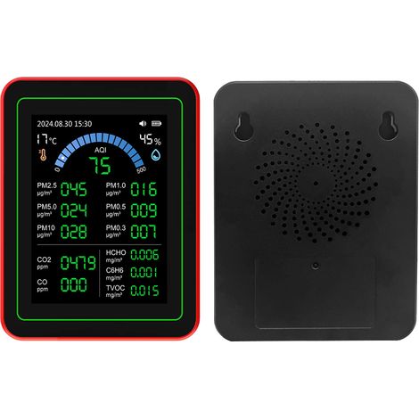 Eosnow Luftqualitätsmessgerät, 18-in-1, CO2, TVOC, HCHO, PM2,5, PM10, Temperatur-Feuchtigkeitserkennungstester, batteriebetriebener Datenspeicher für den Innenbereich, Schwarz