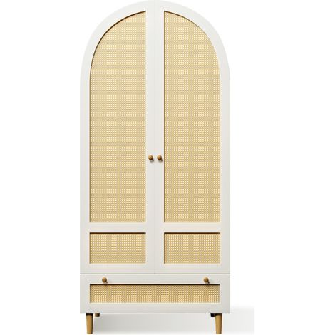 Weißer MDF-Schrank 80x50x180 cm mit Rattanoptik, Bogendesign, Kleiderstange und Schublade (1/5)