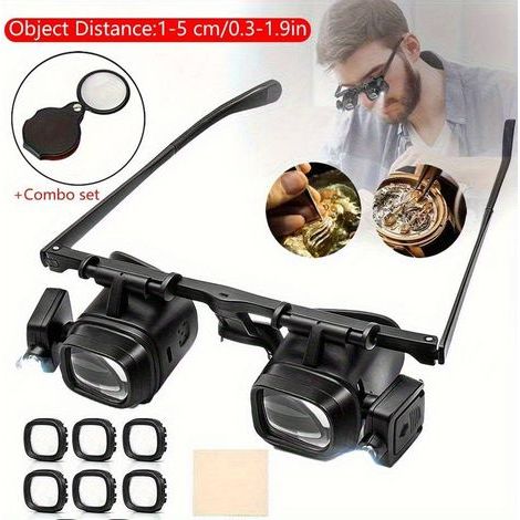 Set di 2 microscopi a LED da casco e mini lenti d'ingrandimento pieghevoli con ingrandimento da 2x a 24x – distanza oggetto 2–16 cm – ideali per lavori di precisione, artigianato, riparazione di gioie (1/5)