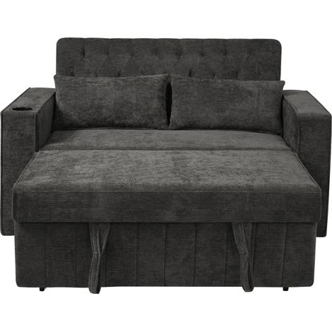 Sofá cama gris de chenilla con almacenaje, USB, portavasos y 2 cojines (1/5)