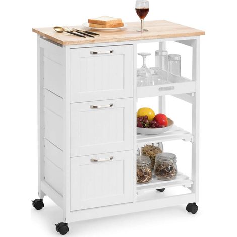 COSTWAY Carro de Cocina con Ruedas Carrito Auxiliar de Madera Carro de Servicio Multiuso con Estantes y Cajón (Blanco) (1/5)