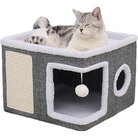 Lit Pliant pour Chat Interieur, 40 x 40 x 31 cm avec Balle en Peluche, Planche à Griffer et Trou pour Chat avec Coussins Moelleux Lavables,Convient Aux Animaux de Petite et Moyenne Taille (1/5)