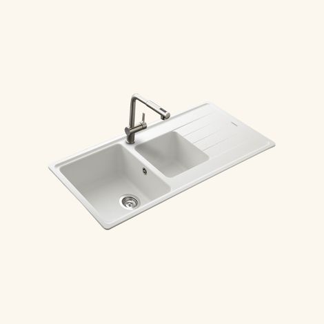 Évier granit blanc 116x50 cm – 2 bacs réversibles – Évier à encastrer avec vidage manuel – Meuble sous évier 80 cm minimum – Schock (1/4)