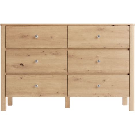 CHICFURN Commode 6 tiroirs 120 x 40 x 80 cm, meuble de rangement bois clair avec poignées métal argenté, semainier pour chambre, salon, entrée et salle à manger (1/5)
