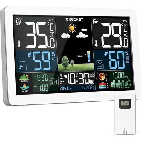 Station Météo Intérieur Extérieur Sans Fil, Écran Couleur, Prévision météo  Thermomètre Hygromètre, Affichage Température et Humidité, Capteur Extérieur, Baromètre, Radio-Réveil DCF (1/5)
