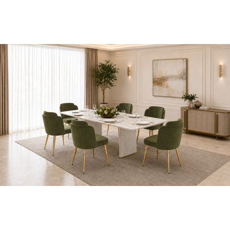 6 sillas de comedor verdes tapizadas con patas de metal dorado y altura ajustable (1/5)
