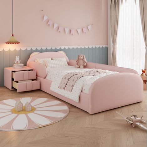 Kinderbett 90x200 mit Nachttisch Polsterbett Rosa OKMYHOME (1/5)