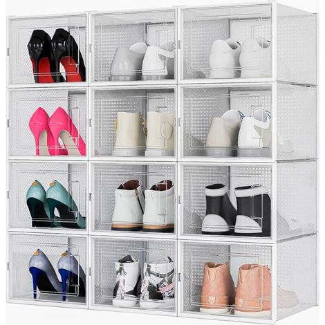 Meerveil – Lot de 12 boîtes à chaussures empilables transparentes en plastique – Dimensions 36x28x21cm – Aération et installation facile (1/7)
