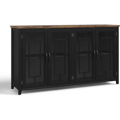Credenza cucina 160 cm in MDF nero con ante in vetro e piano effetto legno (1/5)