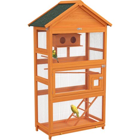 Gabbia per uccelli in legno, gabbia per pappagalli, area giochi, tetto in asfalto impermeabile, 92 x 52 x 171 cm, arancione