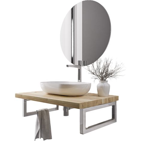 BERNSTEIN - Plan de toilette sous vasque chêne massif 80x52x18cm (LxPxH) + 2 portes serviette Chrome - PUREWOOD 80 cm, Chrome