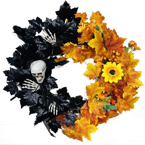 Couronne D'Halloween - 45 Cm - Avec Lumières Led - Décor Automnal - Crânes Et Feuilles D'Érable - 1 Pièce (1/5)