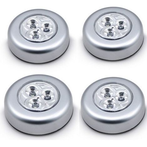 (66 mm)Set mit 4 selbstklebenden LED-Spotlampen, zusätzliche Beleuchtung mit 3 Batterien für Kleiderschrank/Schrank/Regal/Eingangsbereich/Küche/Durchgang – Silber (1/4)