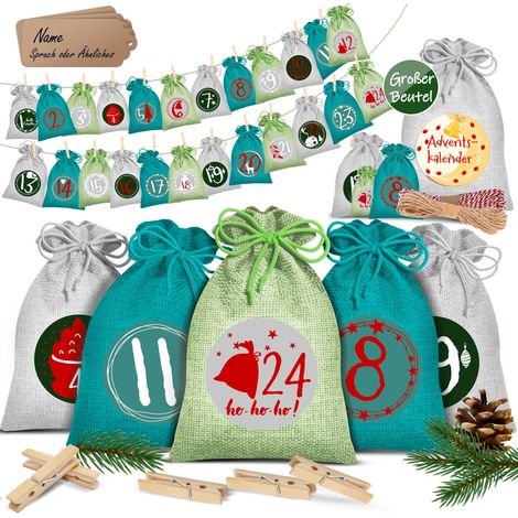 KESSER® Calendario dell'Avvento da riempire 24 sacchetti di iuta Sacchetti in tessuto stampato Calendario natalizio per bambini da riempire da soli Incl. 24x etichette Verde / 16x12cm