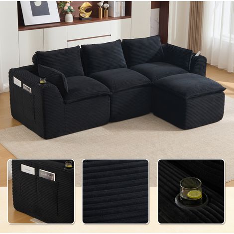 REDOM - Canapé modulaire 256x161x75 cm, avec pouf, coussins et poches latérales, assise en mousse à ressorts, velours côtelé noir (1/5)