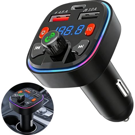 Transmetteur FM de Voiture et Adaptateur Bluetooth,Adaptateur Radio Lecteur,Kit Emetteur 4.8A USB,pour Appel Mains Libres avec 2 Ports USB + Type C,Support Carte SD/Clé USB (1/5)