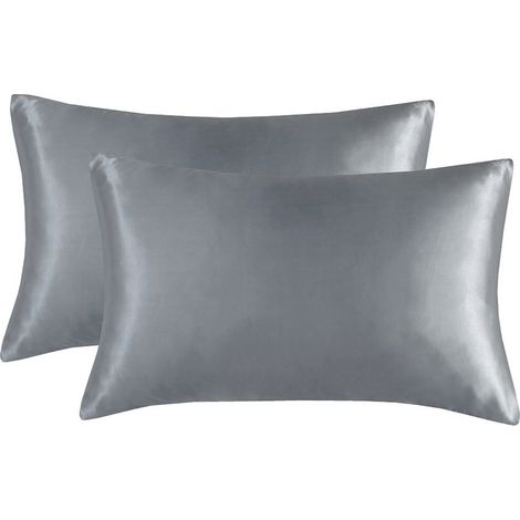 Ensemble de deux taies d'oreiller en soie glacée, avec une fermeture éclair invisible, douces pour les cheveux, souples et lisses, au toucher soyeux, 50 x 70 cm, Gris. (1/5)