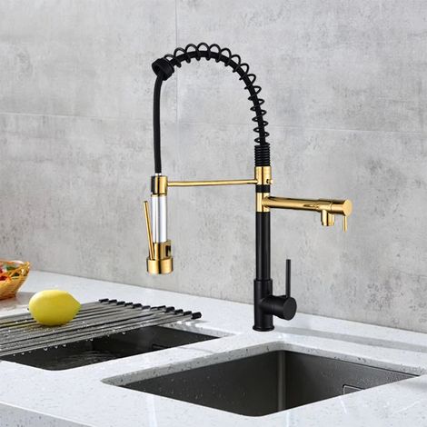 Petites Ecrevisses – Robinet cuisine extractible 2 jets mitigeur monocommande pivotant 360° – Bec fixe et extractible – Finition noir or – Installation facile (1/4)