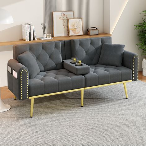 Divano letto 2 posti reclinabile velluto grigio OKMYHOME (1/5)