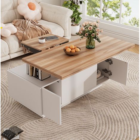 Table basse 100x50x55,5 cm blanc et bois avec double plateau relevable et rangement MEUBLIV (1/5)