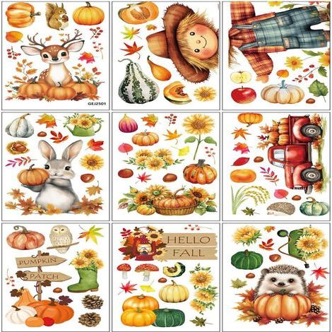 Autocollants Fenêtre Automne, Décorations Thanksgiving, 9 Feuilles Citrouilles et Feuilles Double Face pour Vitrine Fête Récolte Décoration Intérieur (1/5)