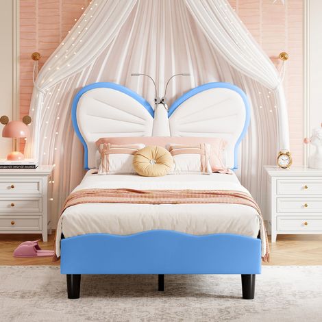 Lit enfant 90x190 cm, lit simple rembourré, tête de lit réglable, sommier à lattes, velours, pour filles et adolescentes, Blanc Bleu (1/5)
