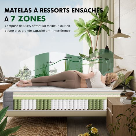 Homavo – Matelas ressorts ensachés 180x200cm – 22cm d'épaisseur – 7 zones ergonomiques – Soutien moyen H3 – Infusé de thé vert antibactérien