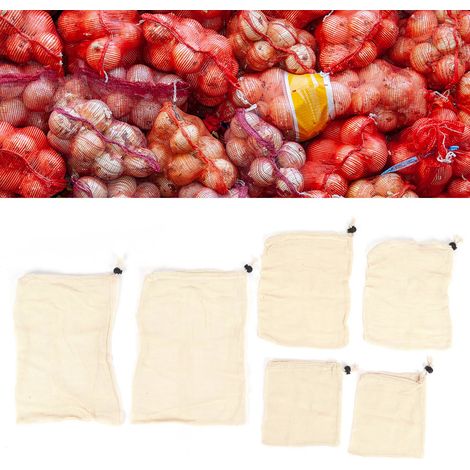 [Aufbewahrungsbeutel] Set mit 6 Baumwollbeuteln mit Kordelzug, Sieb für Obst und Gemüse, maschinenwaschbar, 3 Größen (1/5)