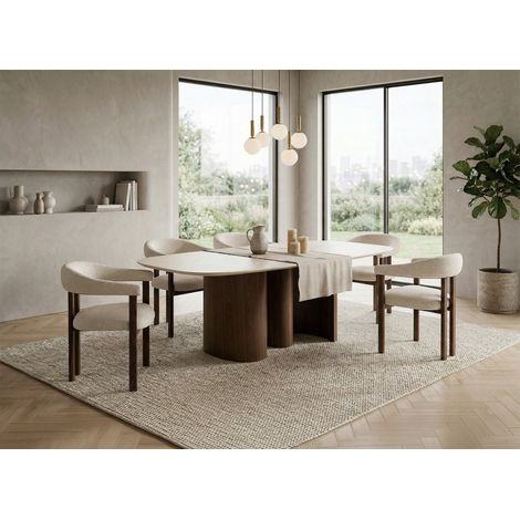 Table à manger en céramique beige pieds effet bois 10 personnes