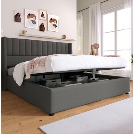 Polsterbett 160x200 cm aus grauem Leinen mit Stauraum, ohne Matratze – MEUBLIV (1/5)