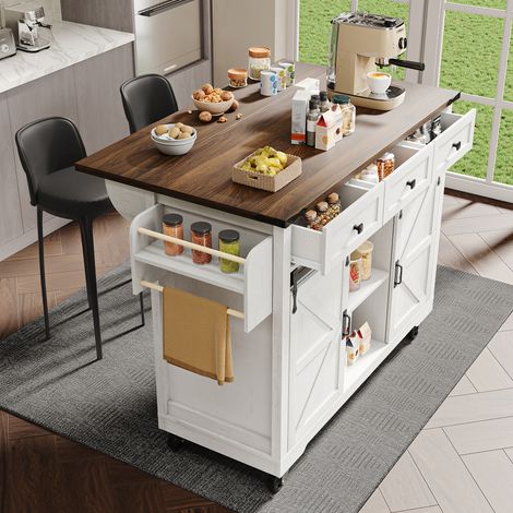 Îlot de cuisine 140/73/94 cm beige avec plateau relevable, 3 tiroirs et roulettes (1/5)