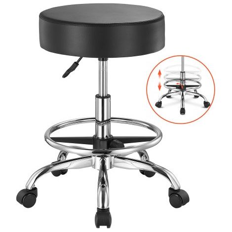Sattelhocker Rollhocker 204 kg belastbarer höhenverstellbarer (55-71 cm) Drehhocker Arbeitshocker mit Rückenlehne &  Fußstütze, PU-Leder-Drehsattelstuhl für Salon Spa Massage Klinik Schwarz (1/5)