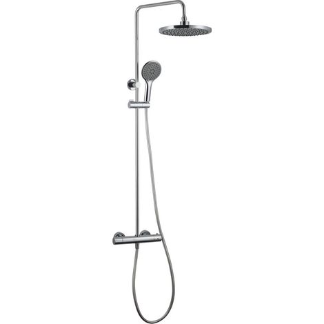 Colonne de douche thermostatique – Finition métal – Pomme haute – Jet pluie – Longueur flexible 150cm – Installation murale