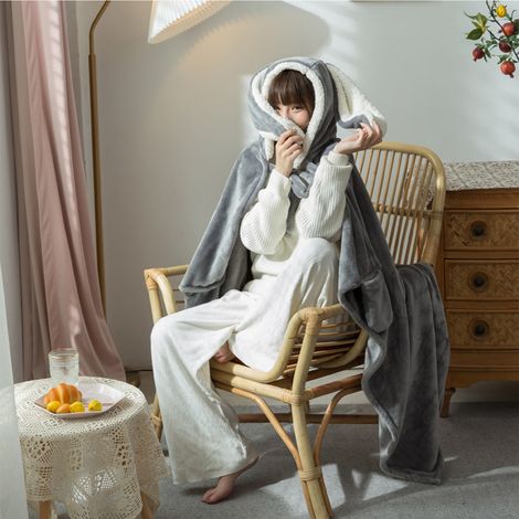 Couverture à capuche portable en polyester peluche avec oreilles de lapin, jeté de lit doux et chaud pour la maison, gris foncé, grande taille (1/5)