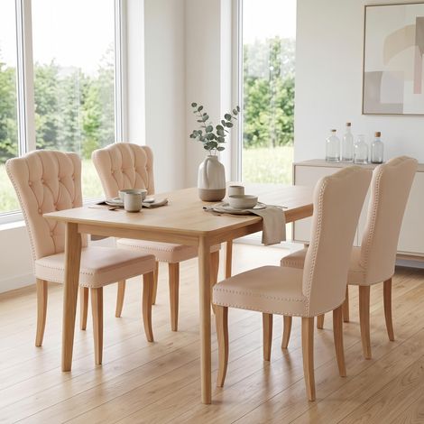 Lot de 4 Chaises Moyen Siècle - Chaise de Cuisine Rembourrée - Pieds Bois Massif et Rivets - Chaise rétro campagne, flanelle Beige