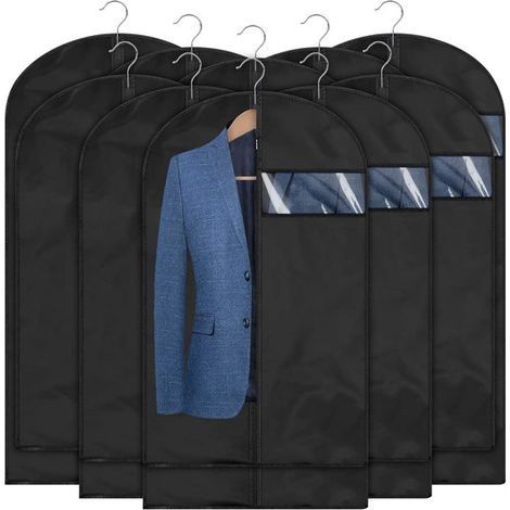 Set di 10 sacchetti porta abiti pieghevoli neri da 120x60 cm – Lavabili, antipolvere, con finestra trasparente e cerniera (1/2)