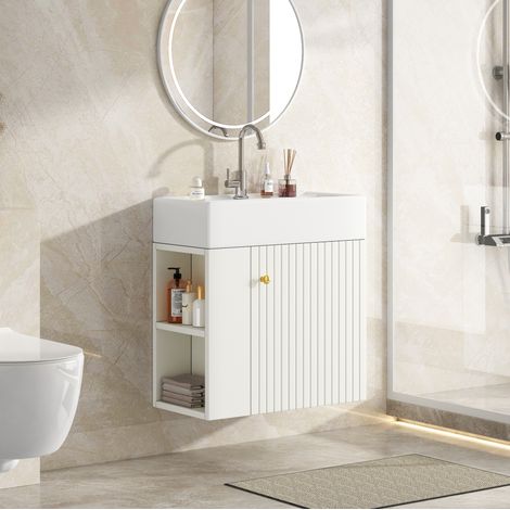 Meuble de salle de bain blanc avec vasque et rangements latéraux (1/5)