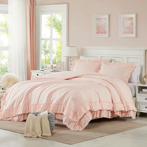 Parure de lit 3 pièces à Volants pour Grand lit avec Couette, légère et Douce, Style Shabby Chic, Moelleuse pour Toutes Les Saisons, Rose pâle (1/5)