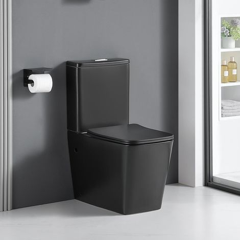 Stano. – Toilette WC à poser céramique noir mat – Technologie Rimless pour nettoyage facile – Abattant Soft Close – Évacuation universelle – Dimensions 640x360x835mm
