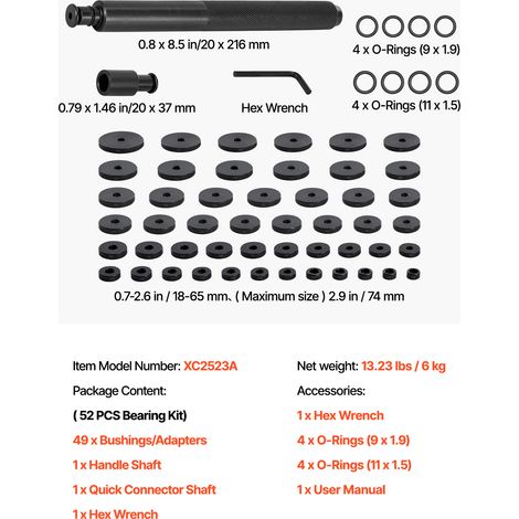 VEVOR Bearing Press Kit, 52 Pcs, Bearing Race and Seal Driver Set with 49 Bushings and Handle Shaft, Bushing Driver Tool Set, Heavy Duty Carbon Steel Removal Installation Tool Kit with Storage Case (1/4)