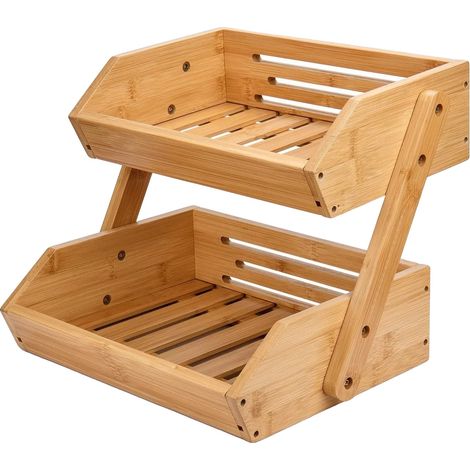 Panier à Fruits en Bambou, Design Ventilé, Rangement Élégant pour la Maison, Couleur bois naturel, 2 niveaux (1/2)