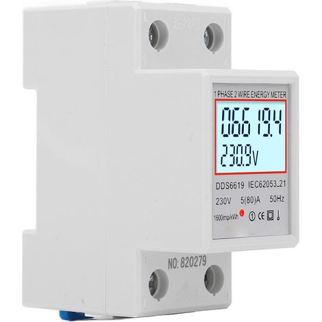 Compteur Énergie Électrique Monophasé 2P DIN Rail, LCD Digital, 5(80)A 230VAC, DDS6619-004, Mesure Puissance/Tension/Courant, Rétroéclairage, Lot avec SKU 1013200019911 (1/5)