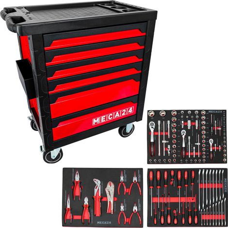 Servante pro 6 tiroirs - 3 tiroirs équipés 112 outils - Fermeture sécurisée - 2 roulettes avec freins - Capacité par tiroir 30kg