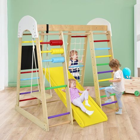 COSTWAY Set Arrampicata 8 in 1 per Bambini, Rocce da Arrampicata e Scala, con Scivolo Rete da Arrampicata, Barra Orizzontale, Centro attività di Legno per Bambini 3 Anni +, Colorato (1/5)