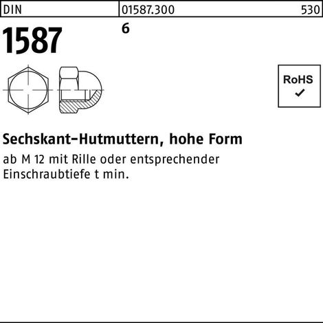Hutmutter DIN 1587 M 30 x 3,5 Stahl blank 10 Stk
