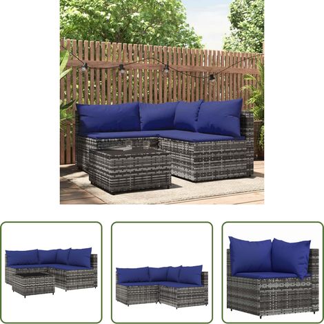 Gartenmöbel - 4-tlg. Garten-Lounge-Set mit Kissen Grau Poly Rattan (1/5)