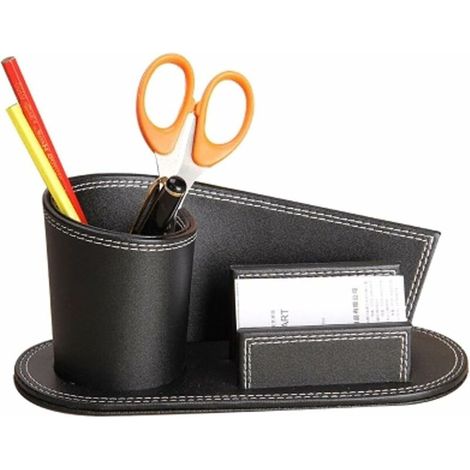 Pot Carré à Crayons Bureau en PU Cuir Multifonctionnel Boîte/Panier de Rangement Cosmétique Maquillage Stockage Cartes de Visite Porte Stylo Classique Pratique pour Bureau Maison, Noir-Rond, (1/5)
