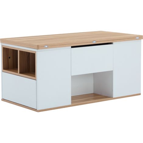 Mesa de centro elevable multifunción con almacenaje 100 x 51 x 47 cm blanco y madera (1/5)