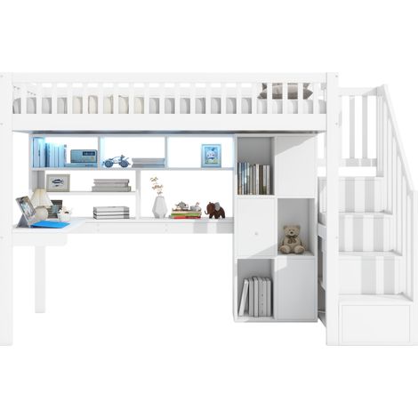 Cama alta juvenil 90x200 cm con escritorio, estanterías, balda y escalera de almacenaje, con luz ambiental LED y estructura en pino y MDF, blanca  CHICFURN (1/5)